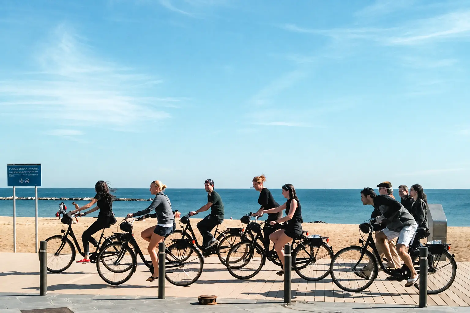 Un groupe à vélo longe une promenade en bord de plage, la mer à l'horizon.