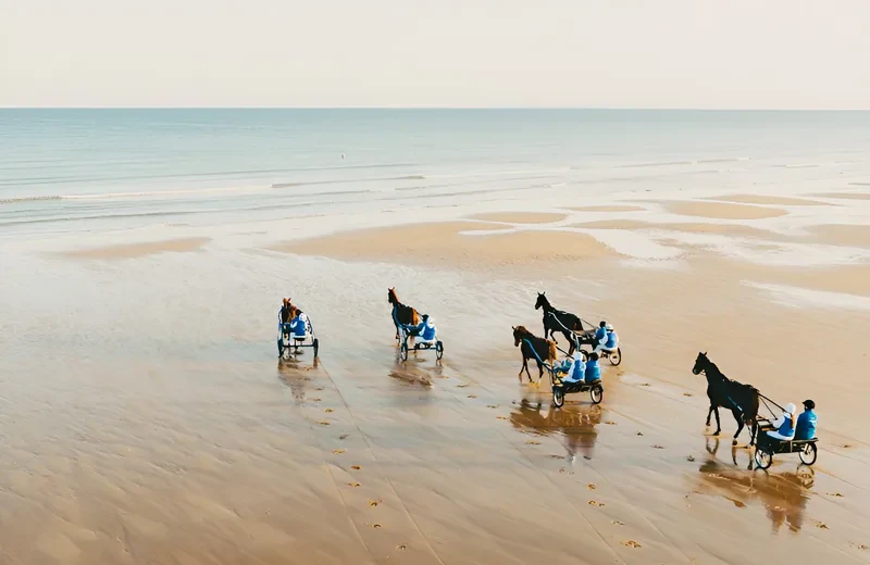Cinq sulkys tirés par des chevaux de course sur la plage à marée basse, vus de haut, la mer à l'horizon.