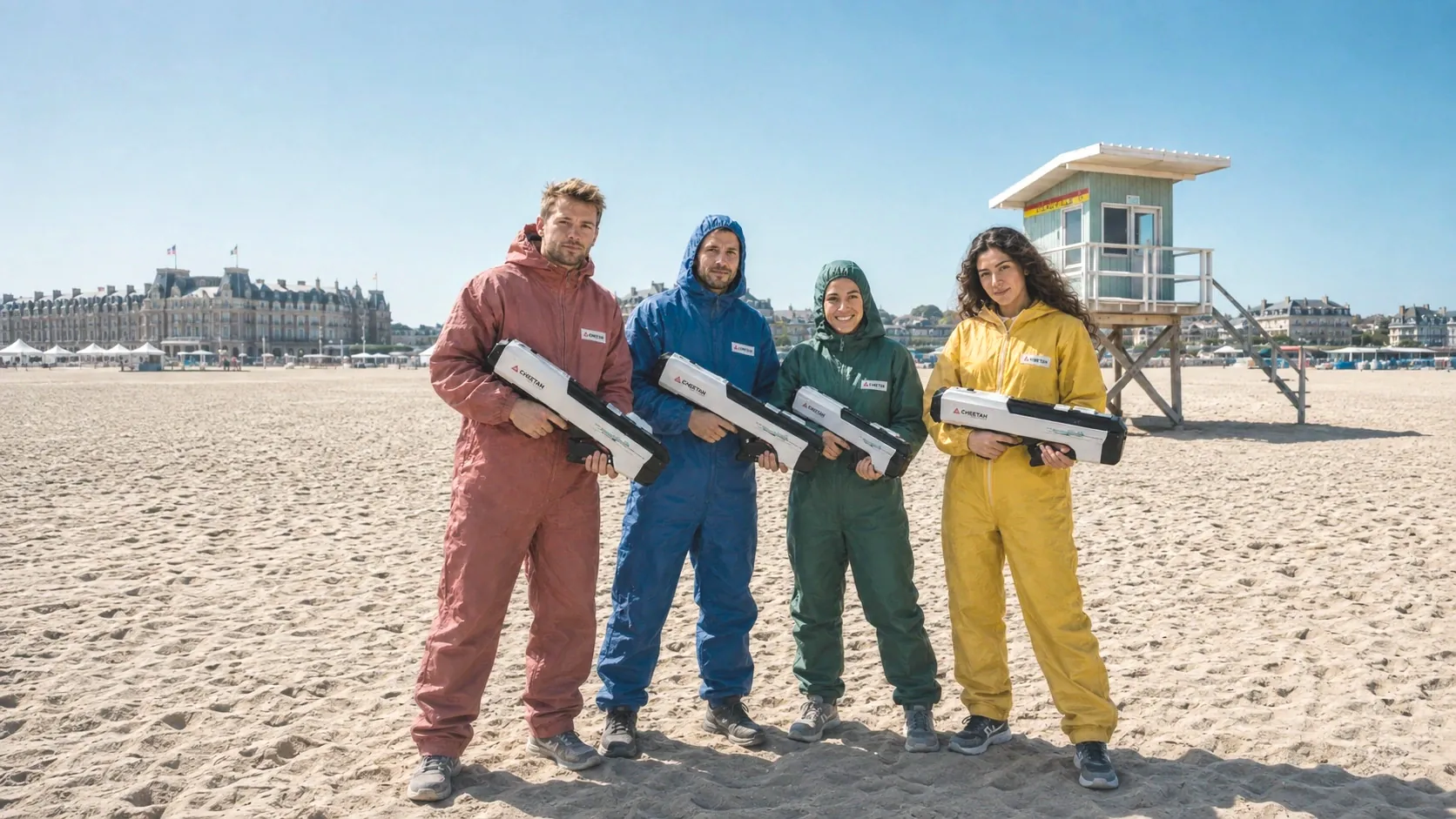 Quatre participants en combinaisons rouge, bleue, verte et jaune, équipés pour le laser game, sur la plage de Deauville ; le poste de secours et le front de mer derrière eux.