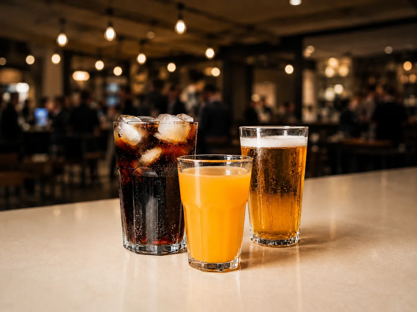 Trois verres alignés sur le comptoir d'une brasserie, soda glacé, jus d'orange et bière pression, la salle et ses suspensions en arrière-plan.
