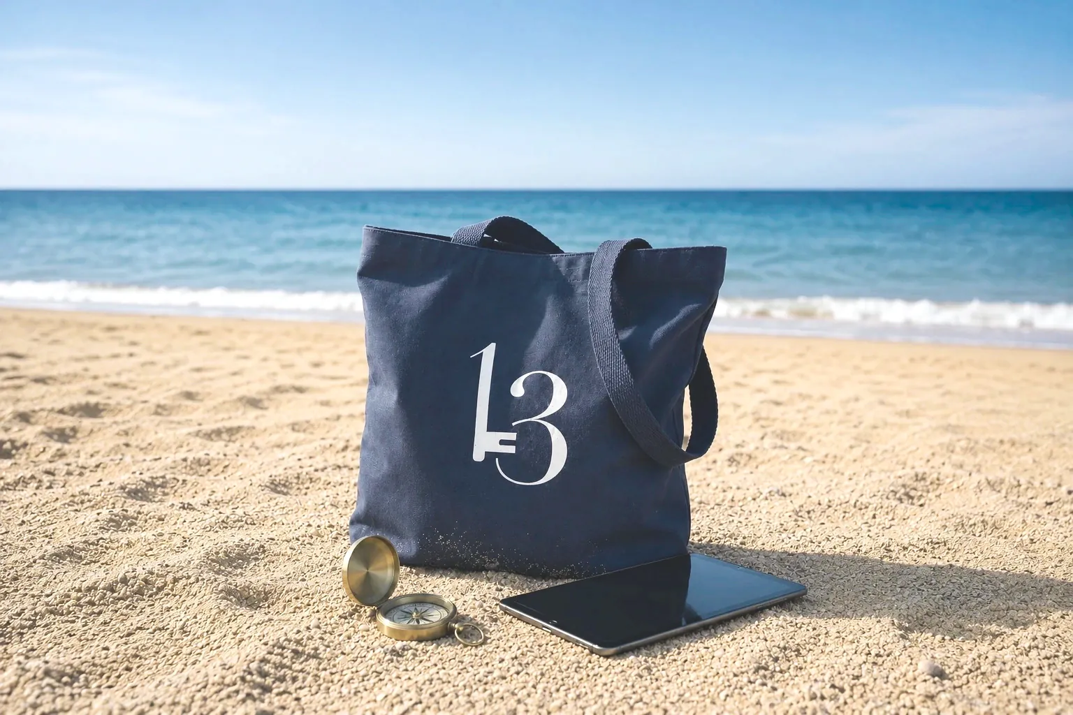 Le matériel de la Chasse aux 13 Sorts posé sur le sable : un sac marin frappé du chiffre 13, une boussole en laiton ouverte et une tablette, face à la mer.