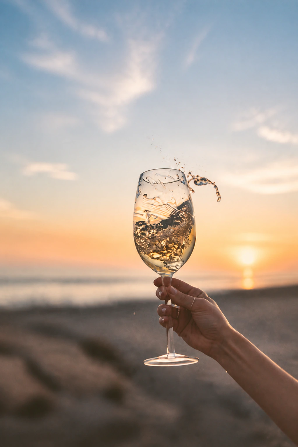 Une main lève un verre de vin blanc face au soleil couchant sur la plage, quelques gouttes en suspension au-dessus du verre.