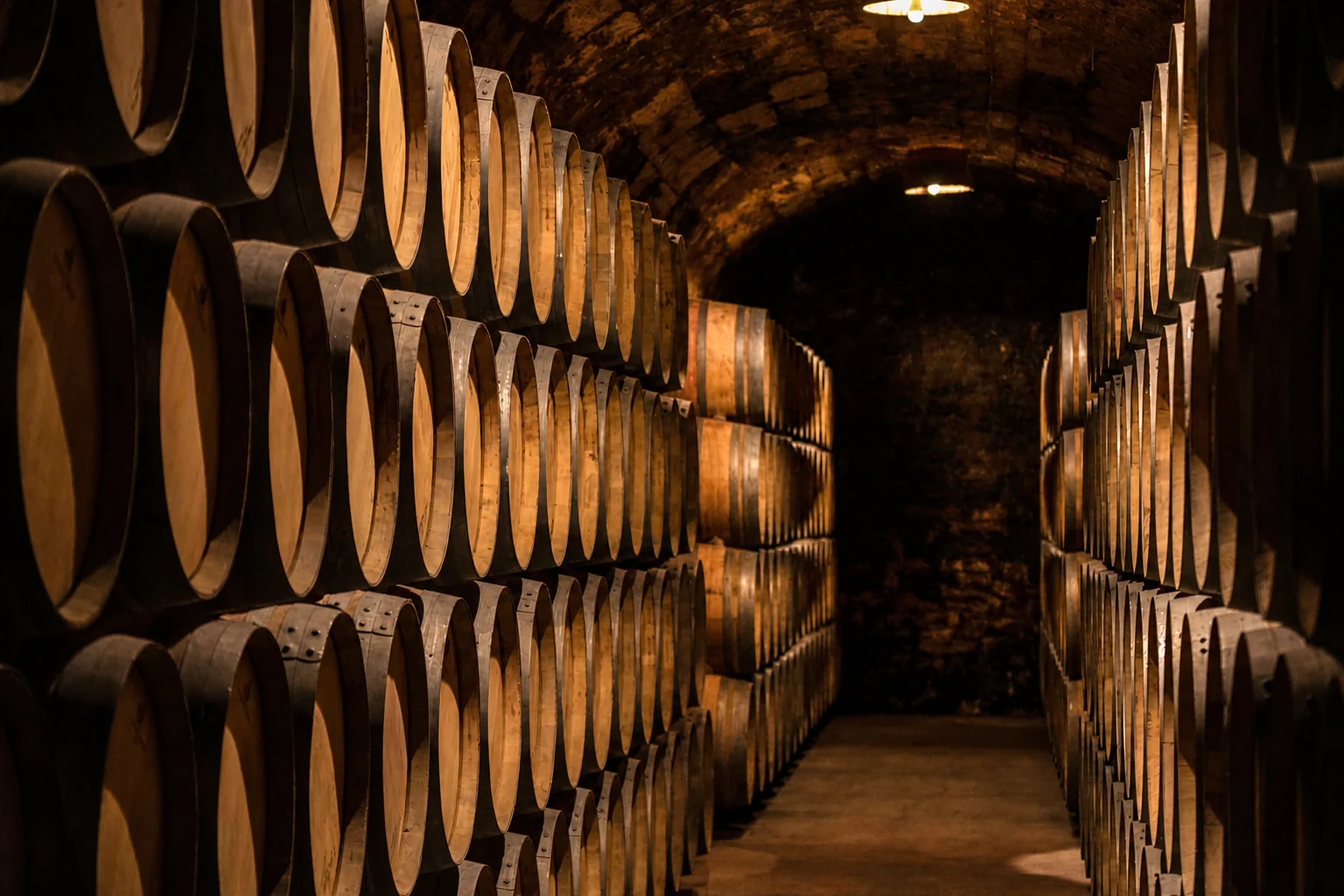 Un chai voûté en brique : des fûts de chêne cerclés de métal empilés sur quatre rangs de part et d'autre d'une allée, sous deux lampes suspendues.