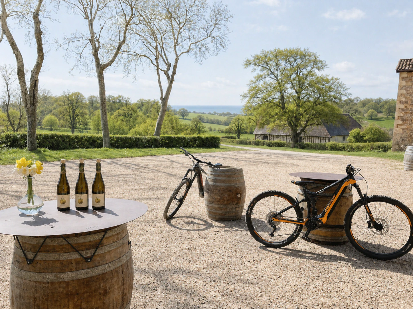 Deux vélos électriques posés dans la cour gravillonnée d'une ferme normande ; au premier plan, trois bouteilles de cidre et un bouquet de jonquilles sur un tonneau, et la campagne jusqu'à la mer en arrière-plan.